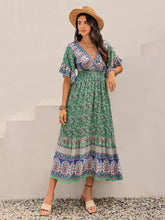 Green Floral Print Ruched Maxi Dress Casual Dresses