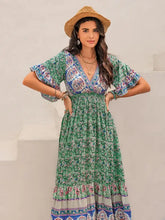 Green Floral Print Ruched Maxi Dress Casual Dresses