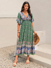 Green Floral Print Ruched Maxi Dress Casual Dresses