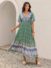 Green Floral Print Ruched Maxi Dress Turquoise