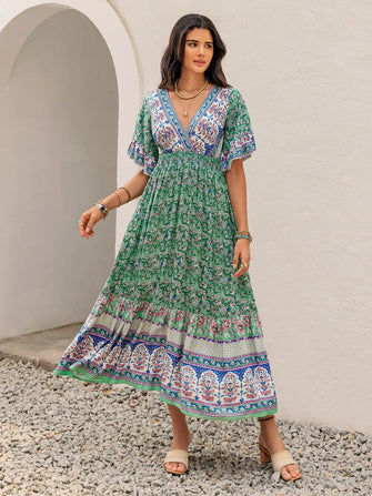 Green Floral Print Ruched Maxi Dress Turquoise