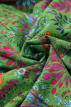Green floral scarf with pink, orange, white flowers on lime background