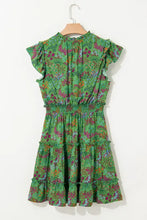 Green floral print tiered mini dress with ruffled flutter sleeves