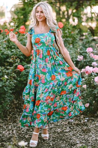 Green Floral Tiered Maxi Dress Dark Green