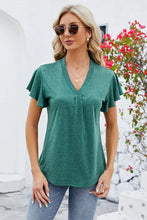 Green Flutter Sleeve V Neck Top for Women with Short Sleeve Length