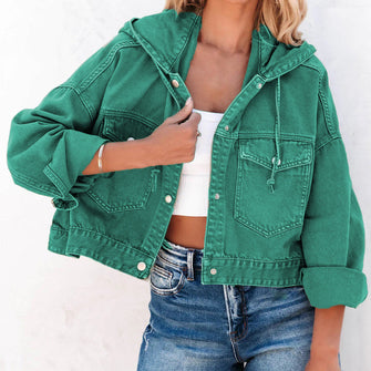 Green Hooded Denim Jacket with Drawstring and Pockets for Women Teal