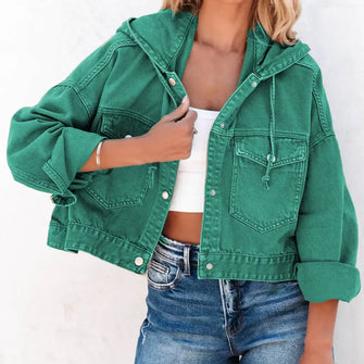 Green Hooded Denim Jacket with Drawstring and Pockets for Women Teal Woman Outerwear