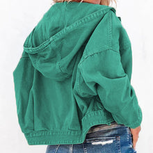 Green Hooded Denim Jacket with Drawstring and Pockets for Women