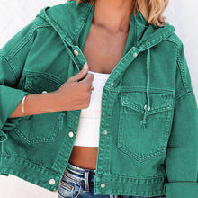 Green Hooded Denim Jacket with Drawstring and Pockets for Women