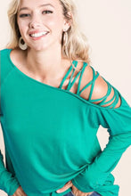 Green Jersey Knit One Shoulder Top with Criss Cross Detail TEAL GREEN