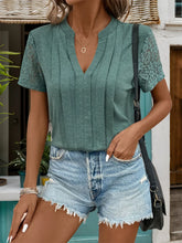 Green Lace Sleeve V Neck Blouse and Denim Shorts Set for Women