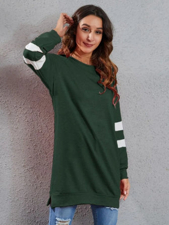 Green Long Sleeve Tunic Dress with White Stripes for Women Dark Green