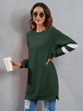Green Long Sleeve Tunic Dress with White Stripes for Women