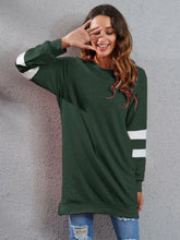 Green Long Sleeve Tunic Dress with White Stripes for Women