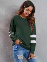 Green Long Sleeve Tunic Dress with White Stripes for Women