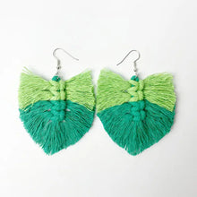 Green macrame leaf dangle earrings with silver hooks, clean with soft cloth