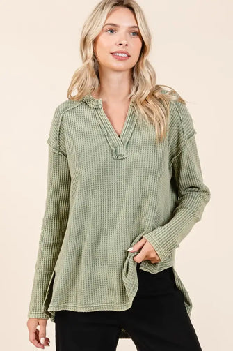 Green Mineral Wash Waffle Knit Long Sleeve Top for Women OLIVE Woman T Shirts