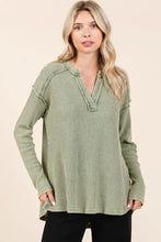 Green Mineral Wash Waffle Knit Long Sleeve Top for Women Woman T Shirts