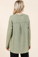Green Mineral Wash Waffle Knit Long Sleeve Top for Women Woman T Shirts