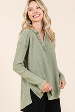 Green Mineral Wash Waffle Knit Long Sleeve Top for Women Woman T Shirts