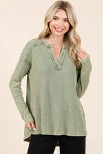 Green Mineral Wash Waffle Knit Long Sleeve Top for Women Woman T Shirts