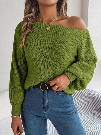 Green Off Shoulder Knit Sweater with Long Sleeve Length Moss