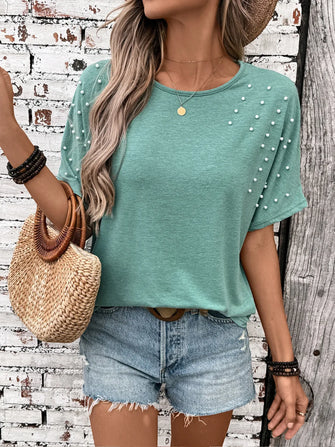 Green Pearl Embellished Lace Back Top for Women Turquoise