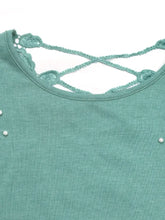 Green Pearl Embellished Lace Back Top for Women Woman T Shirts