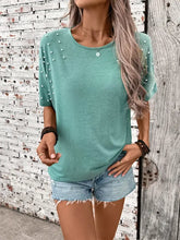 Green Pearl Embellished Lace Back Top for Women Woman T Shirts