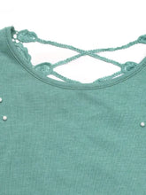 Green Pearl Embellished Lace Back Top for Women Woman T Shirts