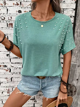Green Pearl Embellished Lace Back Top for Women Woman T Shirts