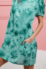 Green Puff Sleeve Tie Dye Dress with Pockets