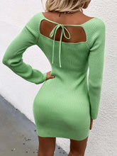 Green Ribbed Knit Dress with Square Neck and Long Sleeves Woman Sweater Dresses