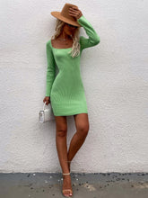 Green Ribbed Knit Dress with Square Neck and Long Sleeves