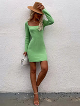 Green Ribbed Knit Dress with Square Neck and Long Sleeves Woman Sweater Dresses