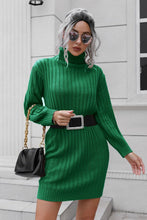 Green Ribbed Turtleneck Sweater Dress with Long Sleeve Length