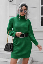 Green Ribbed Turtleneck Sweater Dress with Long Sleeve Length Woman Sweater Dresses