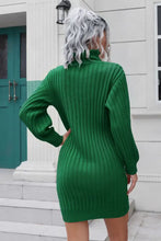 Green Ribbed Turtleneck Sweater Dress with Long Sleeve Length Woman Sweater Dresses