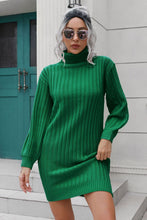Green Ribbed Turtleneck Sweater Dress with Long Sleeve Length