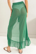 Green Ruffle Trim Sheer Sarong Skirt Cover Up Swim Bottoms