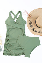 Green Ruffled Swimsuit with Removable Padding and Mid Waist Fit
