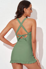 Green Ruffled Swimsuit with Removable Padding and Mid Waist Fit