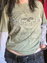 Green Skull Graphic Tee with Layered Sleeves for Women Sage
