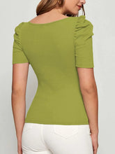 Green Square Neck Puff Sleeve Top for Women