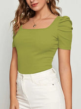 Green Square Neck Puff Sleeve Top for Women Yellow-Green