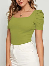 Green Square Neck Puff Sleeve Top for Women Yellow-Green Woman T Shirts
