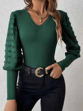 Green Swiss Dot V-Neck Blouse with Sheer Dotted Sleeves Dark Green