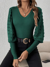 Green Swiss Dot V-Neck Blouse with Sheer Dotted Sleeves