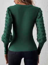 Green Swiss Dot V-Neck Blouse with Sheer Dotted Sleeves