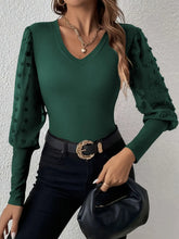 Green Swiss Dot V-Neck Blouse with Sheer Dotted Sleeves